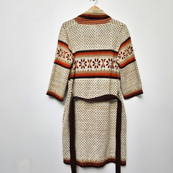 Vintage Boho 60's 70's Fall Color Aztec Button Front Belted Cozy Long Sweater - Picture 4 of 14
